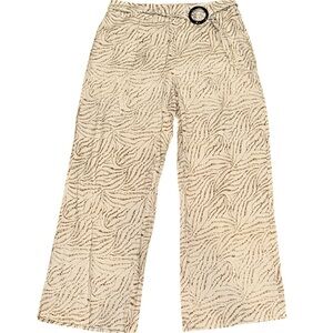New Directions Wide Leg Linen Pants Desert Sage Tiger Print Ring Belt Detail